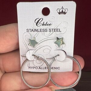 Chloe Silver Hoops and Green Star Earrings
